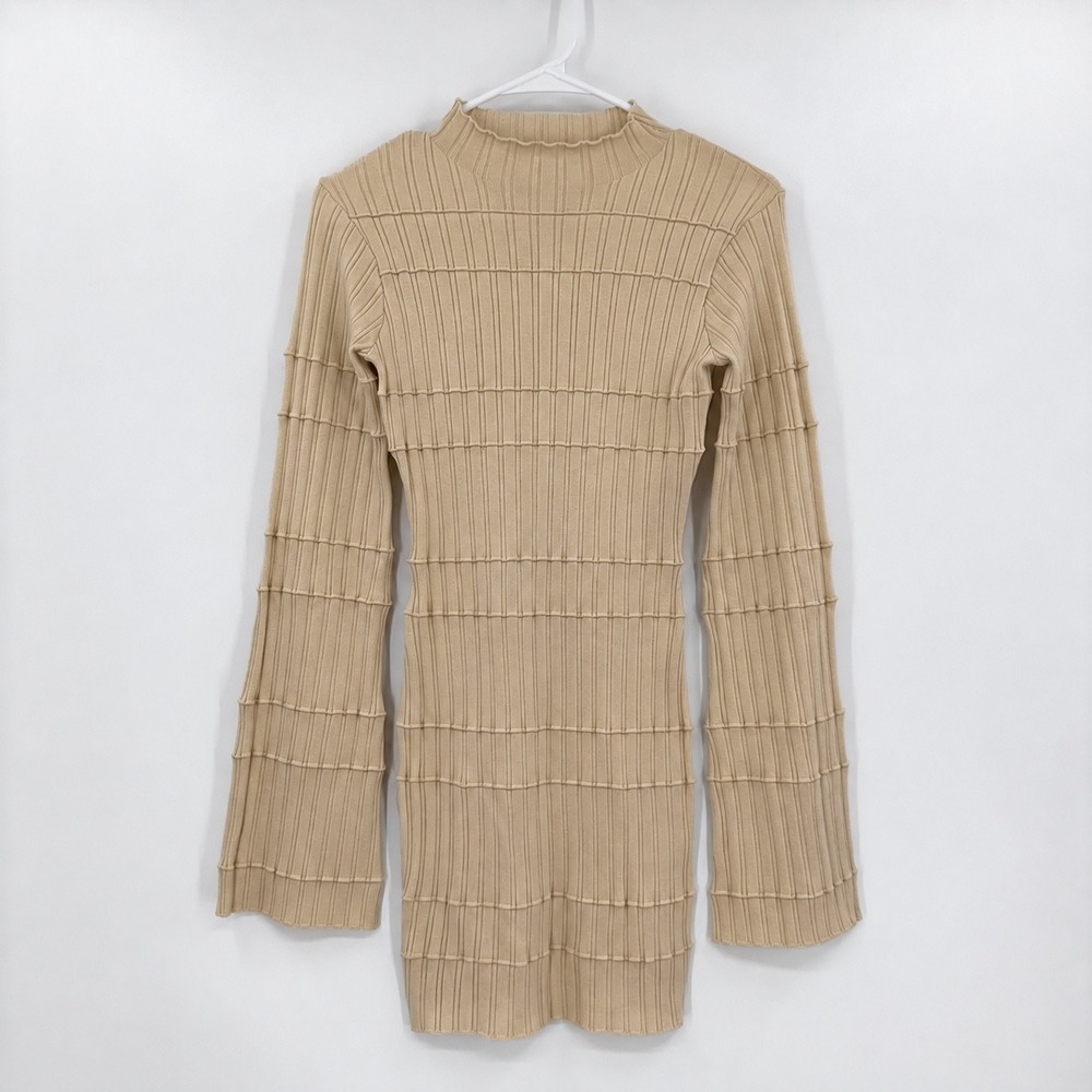 VEILED collection Beige Ribbed Exposed Seam Mock Neck Long Sleeve Mini Dress S